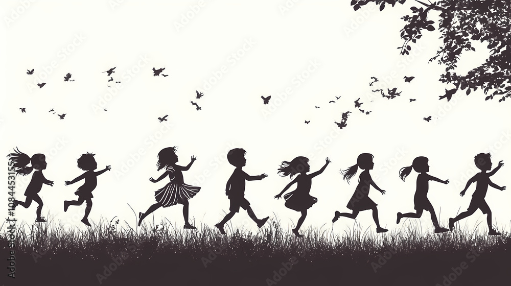 Obraz premium Set of children silhouette playing outdoor in park. Silhouette. Illustration