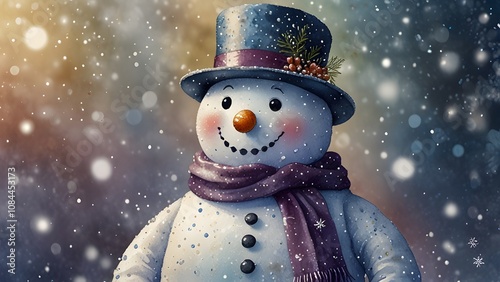 a sparkly snowman with a glittery scarf and hat. background with bokeh effect , snowflakes and tiny lights 
