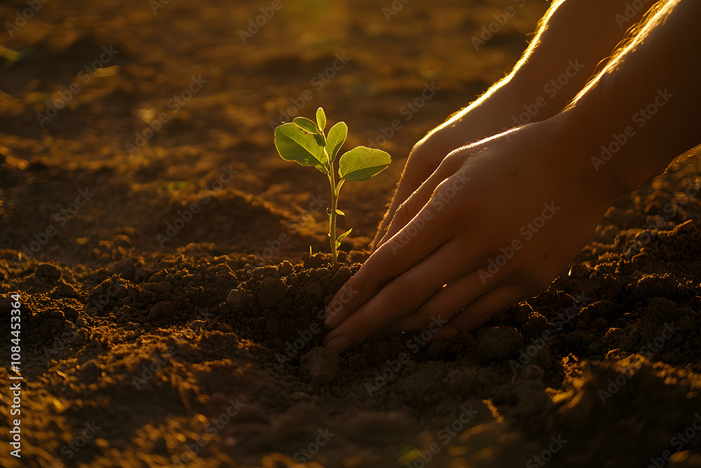 Fototapeta premium A person's hands gently planting a young seedling in rich soil, bathed in the warm glow of sunset. A symbol of new beginnings and growth.