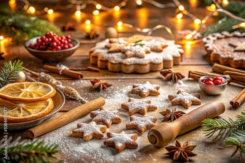 Christmas baking scene, wooden table, holiday cookies, rolling pin, flour dusting, string lights, cranberries, orange slices, cinnamon sticks, star anise, pine branches, warm golden lighting, cozy atm photo