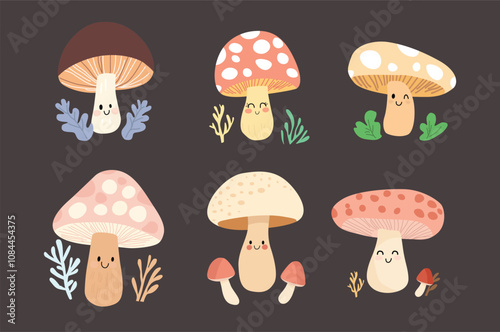 Collection of Six Cute Cartoon Mushrooms 