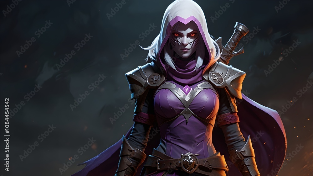 Fototapeta premium A female character in a striking purple outfit, confidently wielding a sword, ready for action
