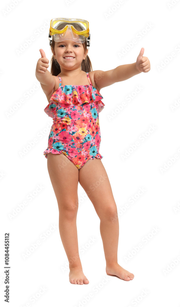 Cute little girl in swimsuit showing thumbs up on white background Cute little girl in swimsuit showing thumbs up on white background