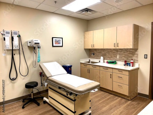 Exam Room Ready for Patient with Medical Equipment, Clean Surfaces, and Comfortable Seating, Showcasing a Calm and Professional Environment for Healthcare Visits