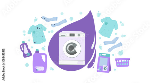 Washing machine. Clean and dirty clothes. Laundry, household appliances. Washing household linen. Set of cleaning products, packages and bottles with household chemicals. Soap foam, bubbles, drops.