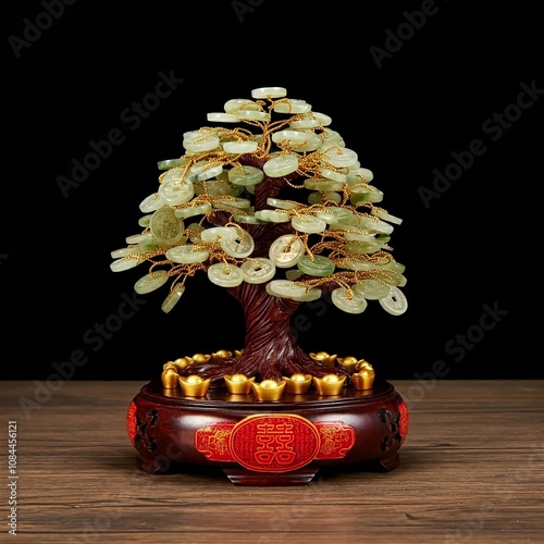 handmade jade tree of happiness with golden coins, standing on a wooden base adorned with red and gold accents, symbolizing wealth and prosperity