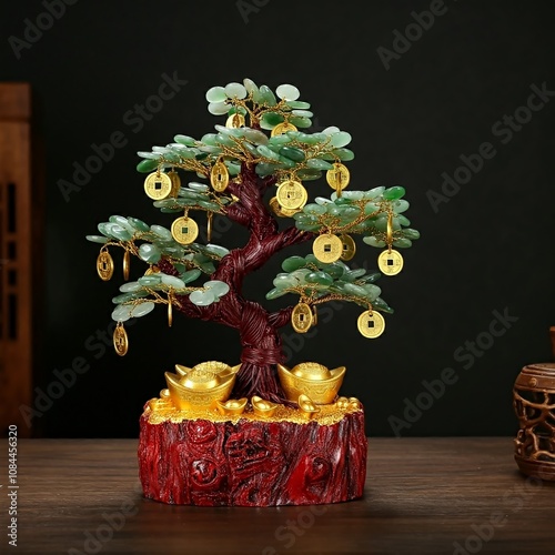 handmade jade tree of happiness with golden coins, standing on a wooden base adorned with red and gold accents, symbolizing wealth and prosperity