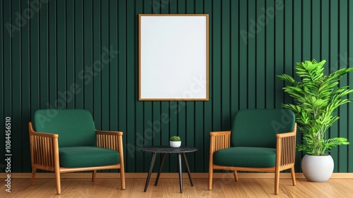 the poster in frame mockup on the placement. A cozy interior scene featuring green armchairs, a small table, and a blank framed picture against a dark green wall.