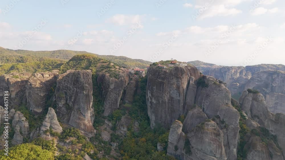 Aerial drone video of the famous Meteora rock formations in Kalampaka, Greece. Aerial drone video of the famous Meteora rock formations in Kalampaka, Greece.
