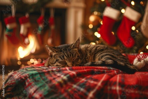 Cozy cat napping by christmas fireplace photo