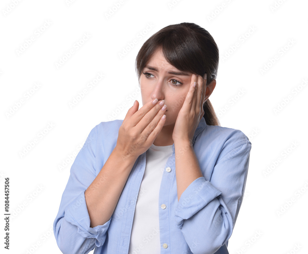 Woman suffering from sinusitis on white background Woman suffering from sinusitis on white background