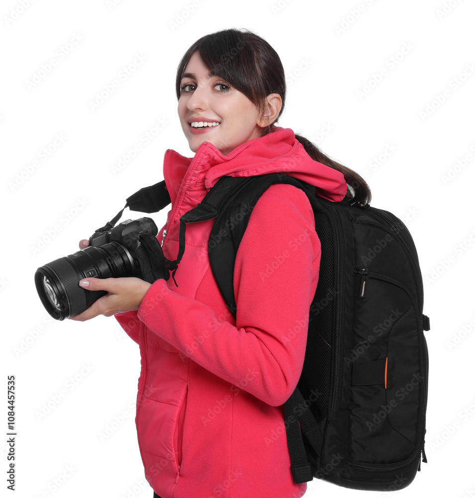 © New Africa - Photographer with backpack and camera on white background