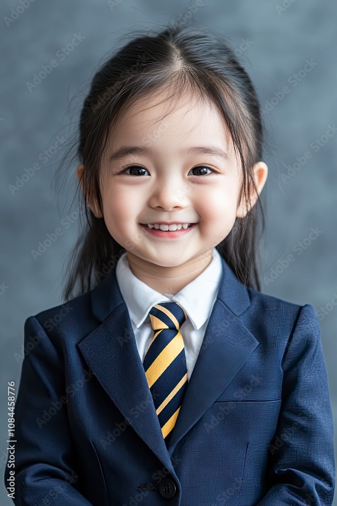 image for school yearbook, body facing the left, chinese white girl, 7 years old, black hair, in plain navy blue blazer, navy blue tie with yellow stripes, generative ai image for school yearbook, body facing the left, chinese white girl, 7 years old, black hair, in plain navy blue blazer, navy blue tie with yellow stripes, generative ai