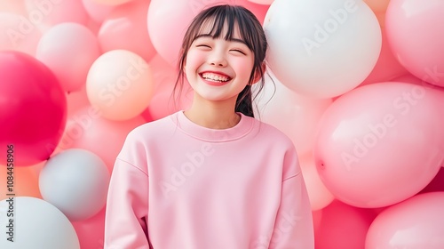 Person with balloons backdrop