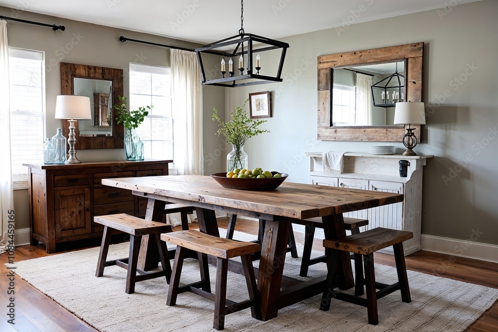 Chic Barn Wood Dining Table with Custom Stools in a Cozy Dining Room Setting Chic Barn Wood Dining Table with Custom Stools in a Cozy Dining Room Setting
