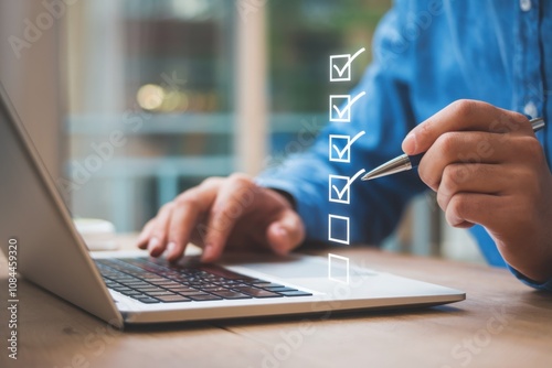 Businessman use pen to tick correct sign mark in checkbox for quality document control checklist and business approve project concept.