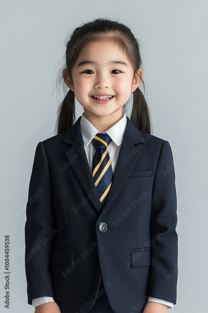 image for school yearbook, body facing the left, chinese white girl, 7 years old, black hair, in plain navy blue blazer, navy blue tie with yellow stripes, generative ai image for school yearbook, body facing the left, chinese white girl, 7 years old, black hair, in plain navy blue blazer, navy blue tie with yellow stripes, generative ai