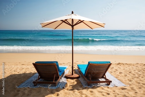 Serene Beach Mats Under Classic Umbrella on Tranquil Shores with Golden Sand and Sapphire Waves photo