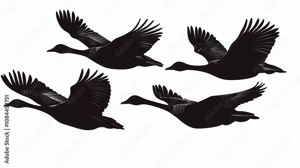 Fototapeta premium Png silhouetted geese flying formation. Silhouette. Illustration