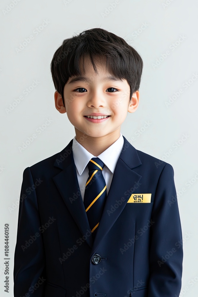 image for school yearbook, Korean boy, 15 years old, black medium hair, in plain navy blue blazer, navy blue tie with yellow stripes,generative ai image for school yearbook, Korean boy, 15 years old, black medium hair, in plain navy blue blazer, navy blue tie with yellow stripes,generative ai