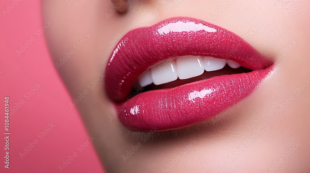 Obraz premium Close up pink lips of woman on pink background.