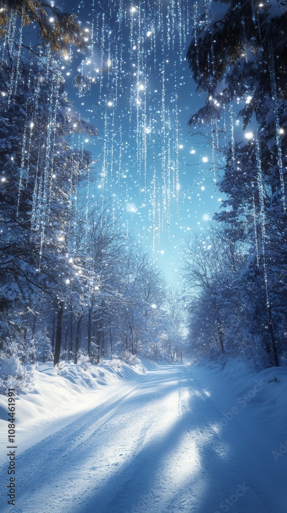 A Serene Winter Forest Pathway, Snow-Covered Trees and Sparkling Snowflakes, A Picturesque Winter Wonderland A Serene Winter Forest Pathway, Snow-Covered Trees and Sparkling Snowflakes, A Picturesque Winter Wonderland