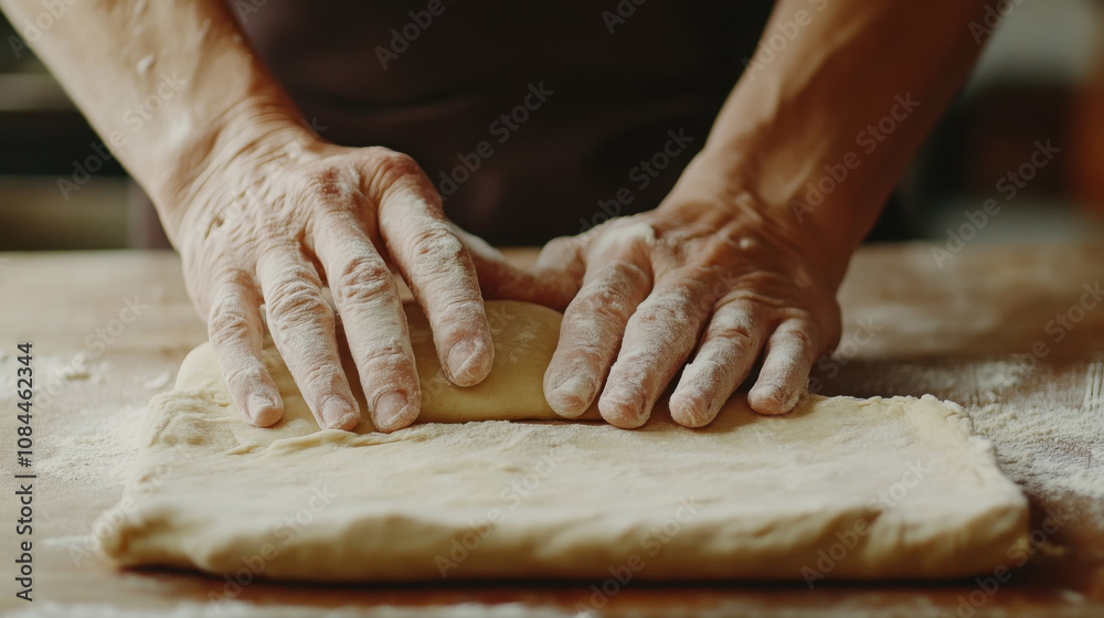 Traditional baking method: hands rolling dough on floured surface for homemade recipes