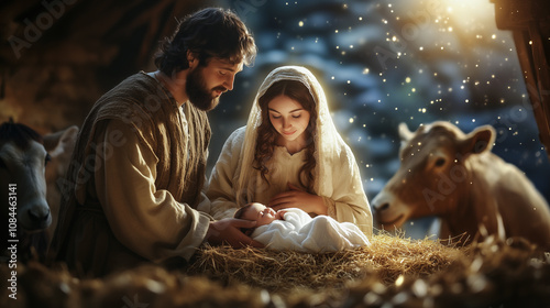 Mary and Joseph with the newborn baby Jesus in a manger, illuminated by a ray of light with sparkles, in a stable surrounded by animals. A nativity scene in a realistic,