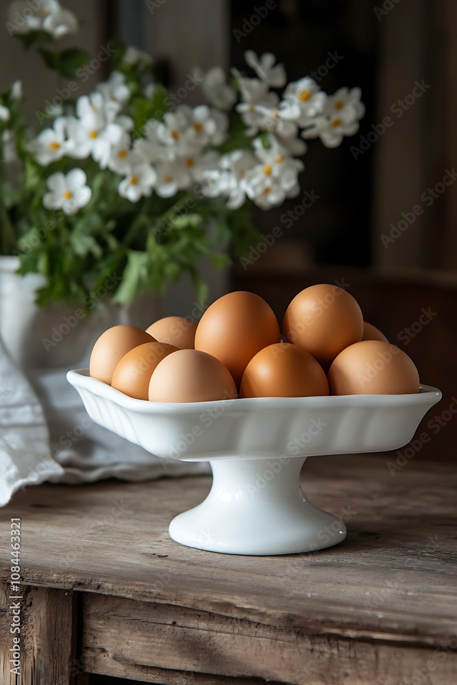 Eggs in a white tray on a wooden table. Dark background Eggs in a white tray on a wooden table. Dark background