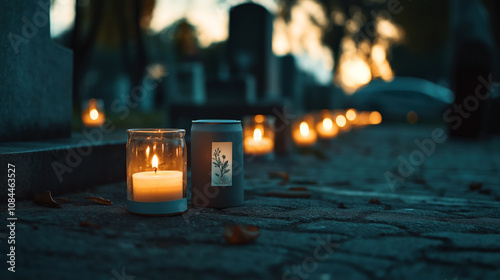 Candlelight vigil at a cemetery with a close-up of a lit candle in a glass holder next to a decorative container on a cobblestone path at dusk. photo