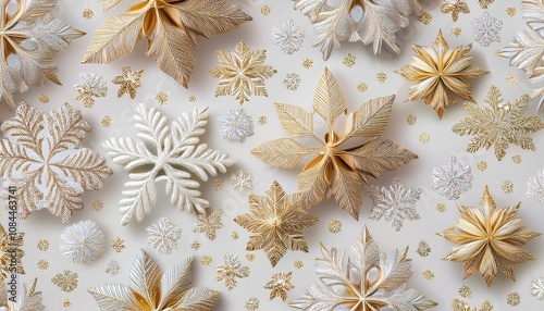 Winter seamless background with snowflakes pattern. Silver gold boho nautral baige Christmas motif. photo