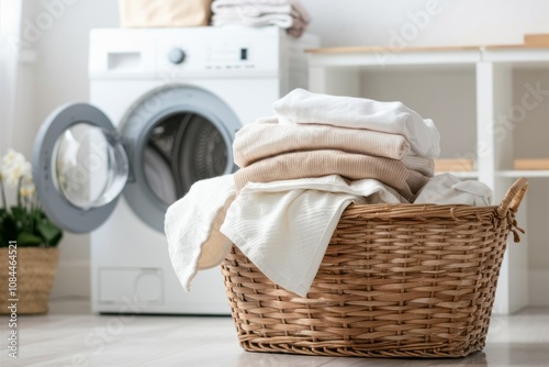 Laundry Day Serenity: A close-up perspective of a woven laundry basket filled with folded and fresh laundry in a bright and cozy laundry room. A washing machine adds functionality to the scene.