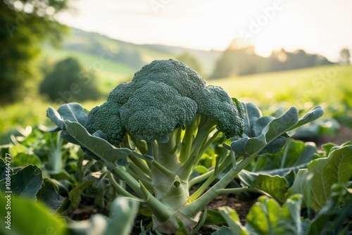 Broccoli in the Field: A close-up shot of a healthy, vibrant broccoli plant flourishing in an organic field, with sunlight cascading over the lush landscape.