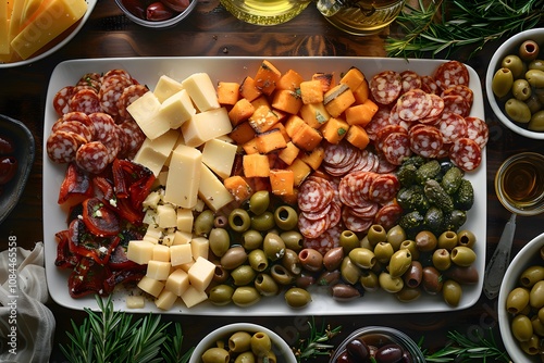 Delicious Charcuterie Board with Assorted Cheeses, Meats, Olives, and Roasted Vegetables – Perfect for Parties and Gourmet Presentation photo