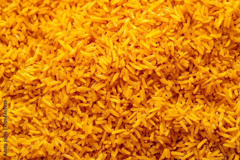 Close-Up of Golden Turmeric Rice Pile, Highlighting Bright Yellow Grains and Fresh Appeal. Suitable for Cooking Articles, Asian Cuisine Blogs, or Rice Product Ads