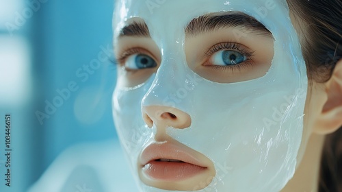 Woman with a white face mask on looking at the camera.