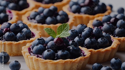 An array of blueberry tarts topped with vibrant berries and fresh mint leaves