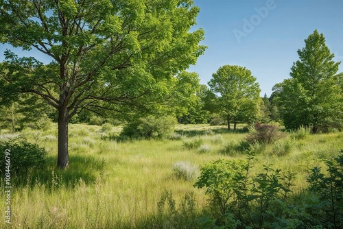 Lush Green Trees Shrubs and Meadow in a Beautiful Natural Landscape