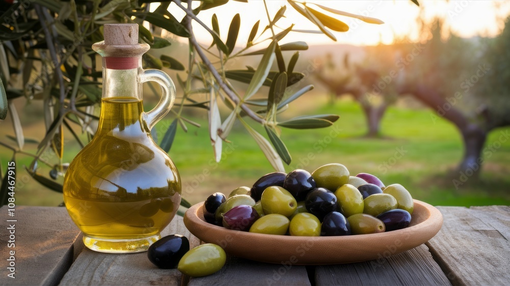 Olive Harvest Still Life: A captivating close-up reveals a still life of freshly harvested olives, a glass bottle of olive oil, and the serene backdrop of an olive grove at sunset. Olive Harvest Still Life: A captivating close-up reveals a still life of freshly harvested olives, a glass bottle of olive oil, and the serene backdrop of an olive grove at sunset.