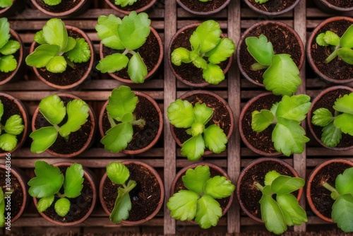 Green Growth: Rows of potted plants, meticulously arranged, showcase the vibrant greenery of new life and growth. The image invites contemplation on the beauty and resilience of nature. 