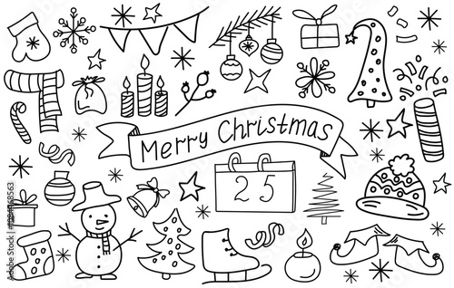 Big set of Christmas doodle elements. Hand written lettering Merry Christmas on the line art label.   Christmas trees, skates, Christmas boot, sweets, gift boxes, snowflakes. Winter holidays attribute