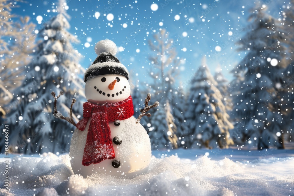 Obraz premium Cheerful snowman in winter wonderland