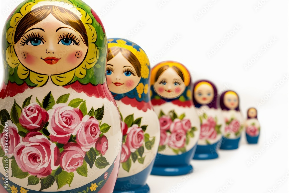 Russian Dolls in a Row: A captivating display of traditional Russian nesting dolls, also known as matryoshka dolls, arranged in a diminishing line. Russian Dolls in a Row: A captivating display of traditional Russian nesting dolls, also known as matryoshka dolls, arranged in a diminishing line.