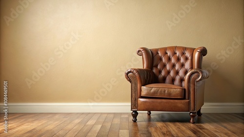 A vintage leather armchair placed in front of a warm beige wall, cozy atmosphere, leather
