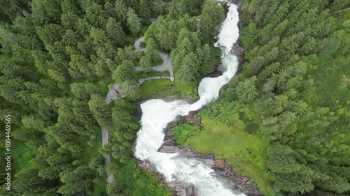 Aerial video of Krimml Waterfalls in Austria shot on a summer day