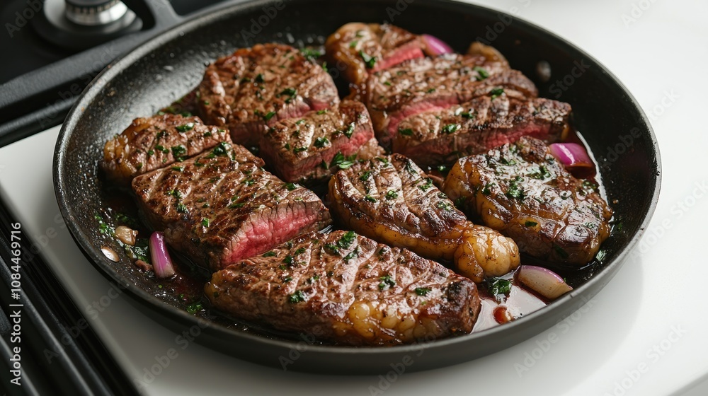 Juicy steaks cooking in a skillet, infused with herbs and surrounded by onions Juicy steaks cooking in a skillet, infused with herbs and surrounded by onions