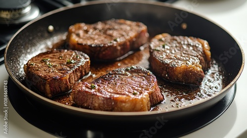 Juicy steaks sear over medium heat, releasing mouthwatering aromas in the kitchen