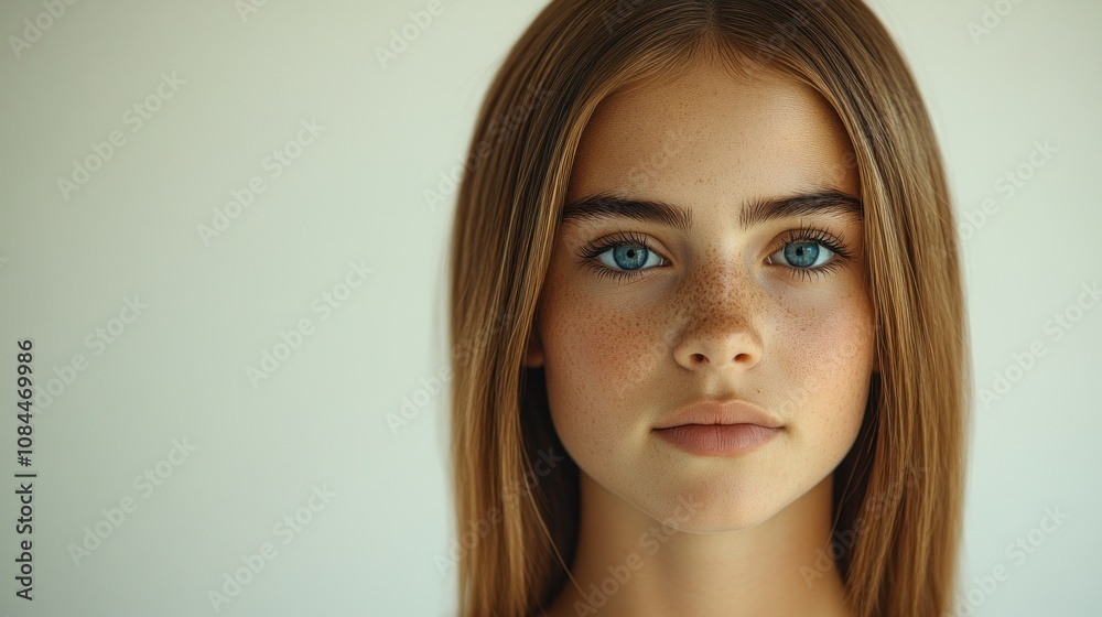 A young girl with captivating blue eyes gazes thoughtfully, showcasing natural beauty