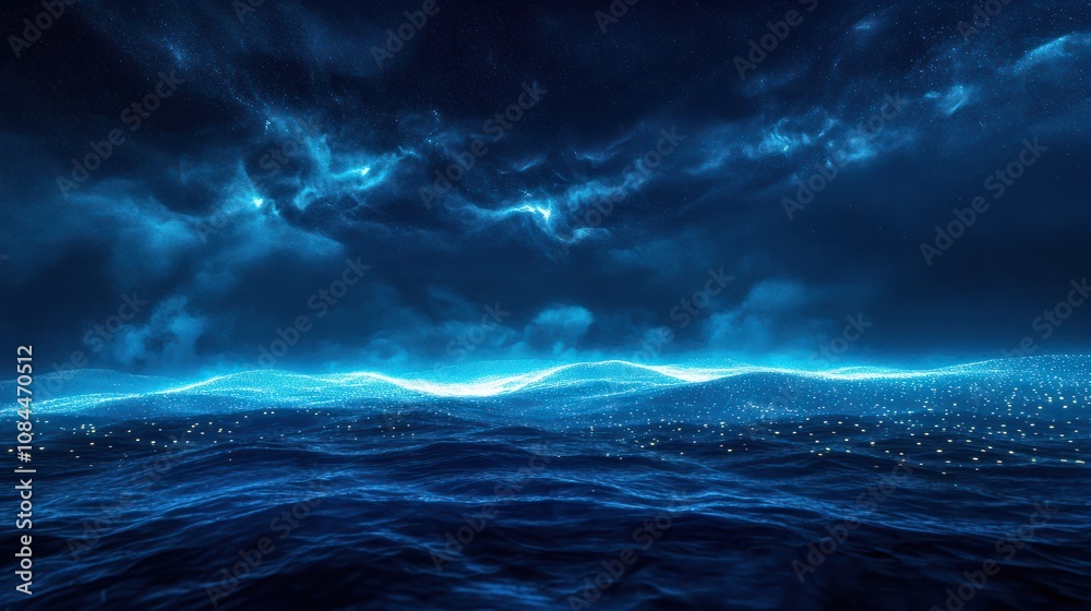 Fototapeta premium Bioluminescent ocean. underwater network of light beams link subsea data stations for communication