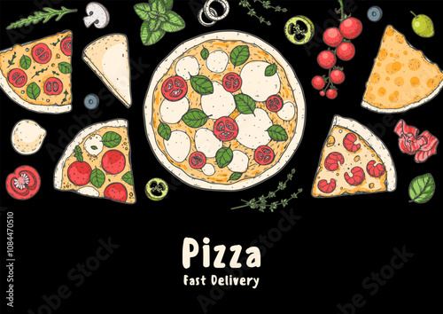 Hand drawn set of pizza. Italian pizza design template. Vector illustration